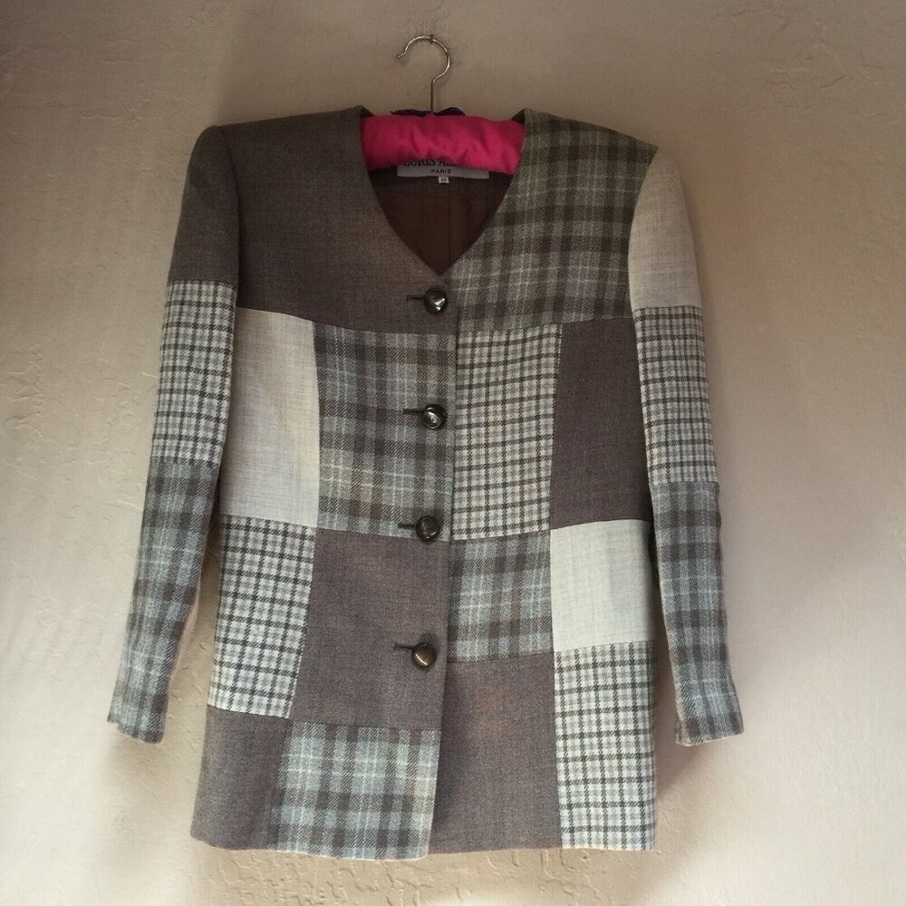 Vintage Loris Azzaro Paris Women V-Neck Button Front Plaid Blazer Jacket Size 11